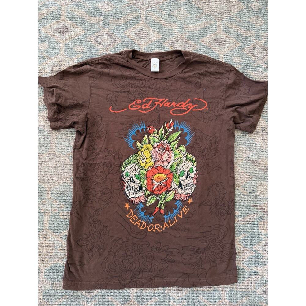 Ed Hardy Don Ed Hardy Dead or Alive Skull Rose Rhinestone T-Shirt Brown XL Y2K